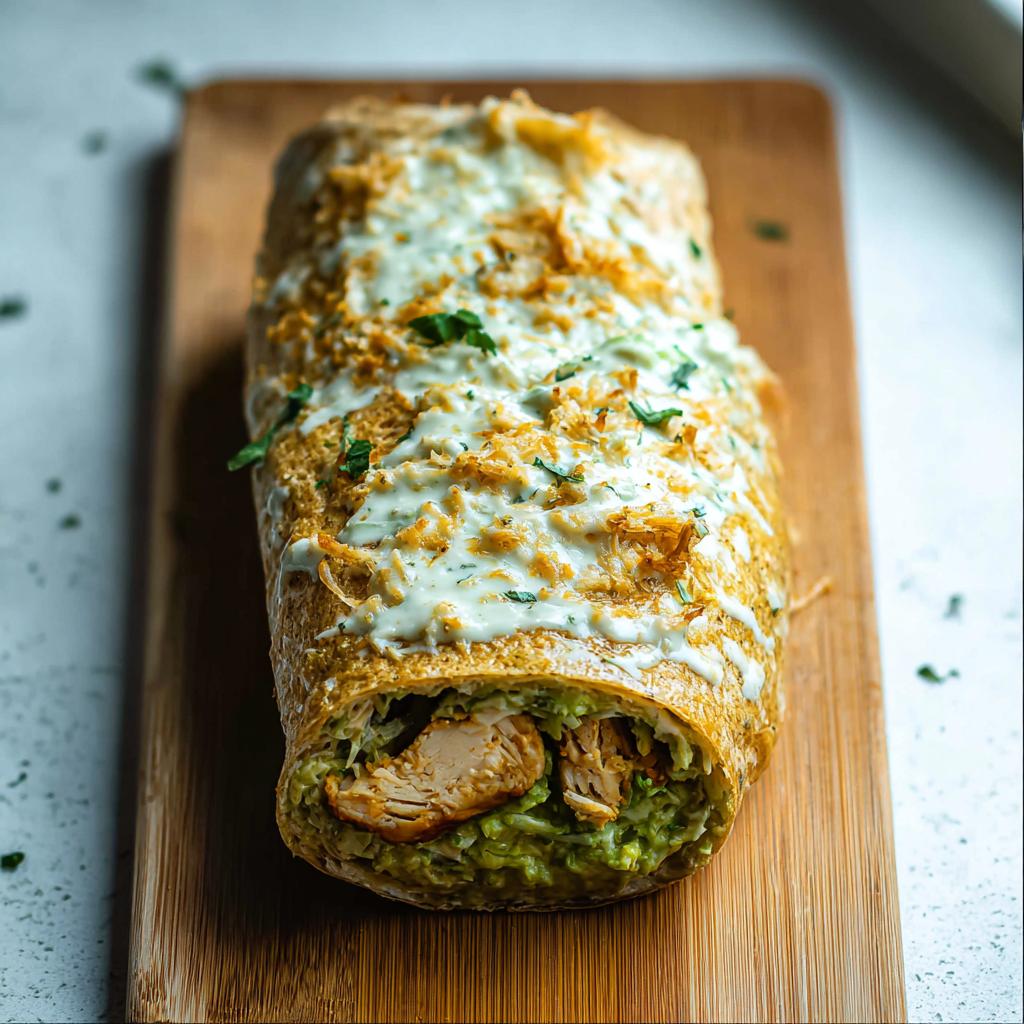 A whole Chicken Avocado Ranch Burrito drizzled with creamy ranch sauce and topped with cheese and herbs on a wooden board.