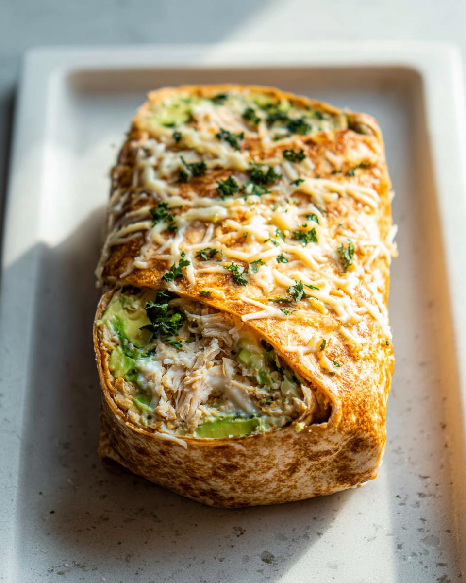 A close-up of a Chicken Avocado Ranch Burrito, sliced to reveal shredded chicken, avocado, and creamy ranch filling.