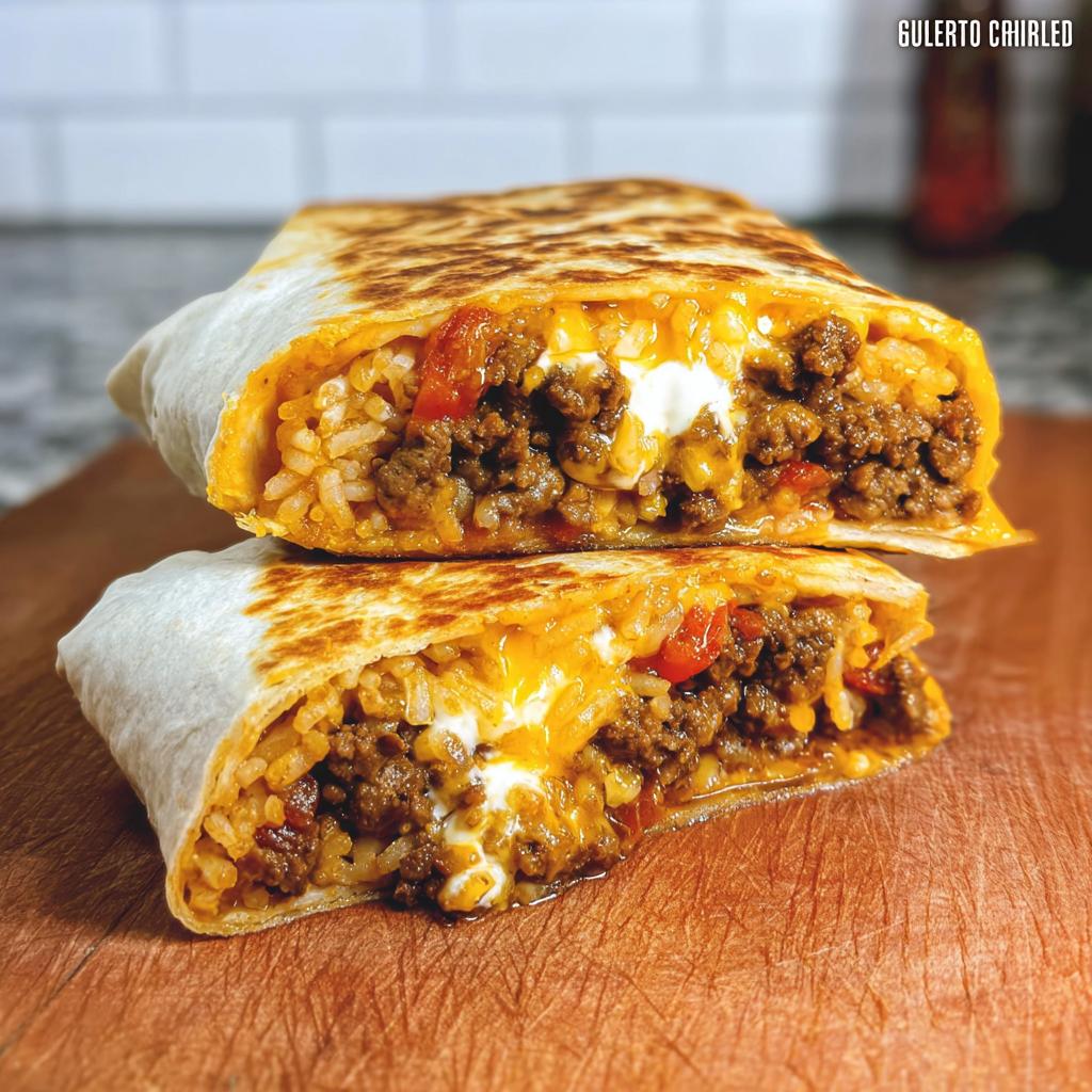 A delicious Chicken Crunch Wrap, cut in half to reveal seasoned ground chicken, rice, melted cheese, and a dollop of sour cream.