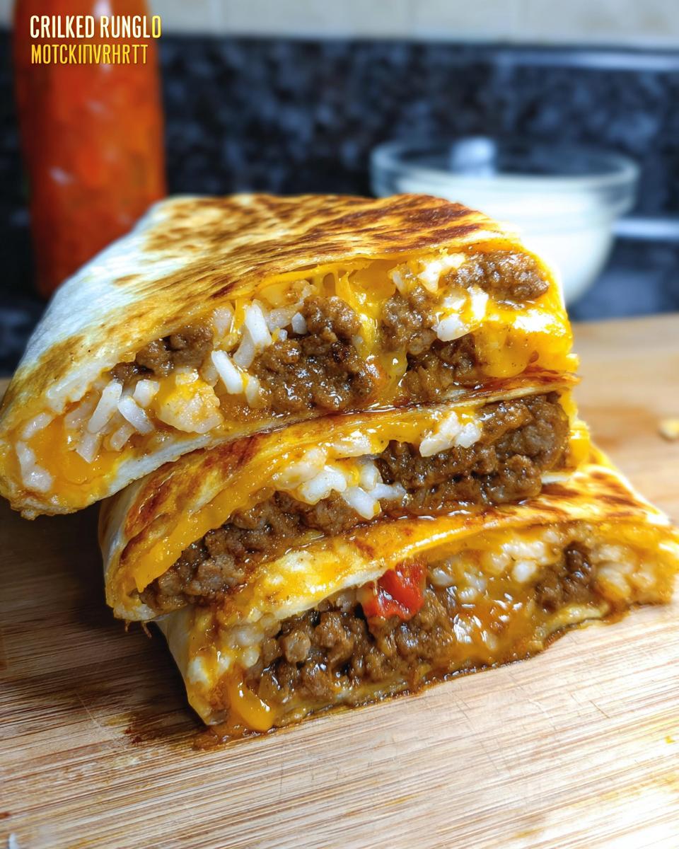 A close-up of a sliced Chicken Crunch Wrap, revealing layers of seasoned ground chicken, rice, and melted cheese.