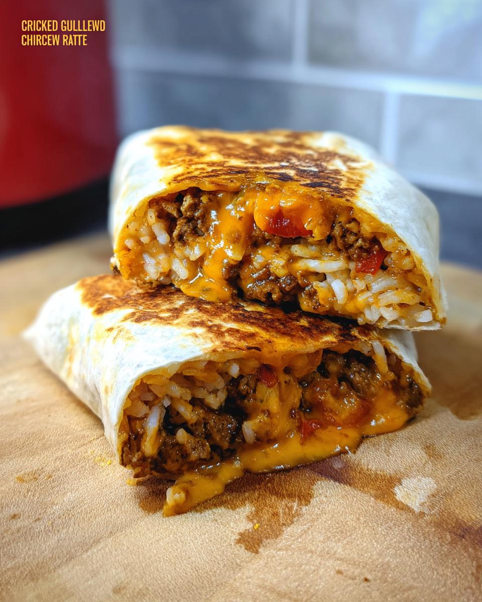 Close-up of a Chicken Crunch Wrap cut in half, revealing seasoned ground chicken, rice, and melted cheese.
