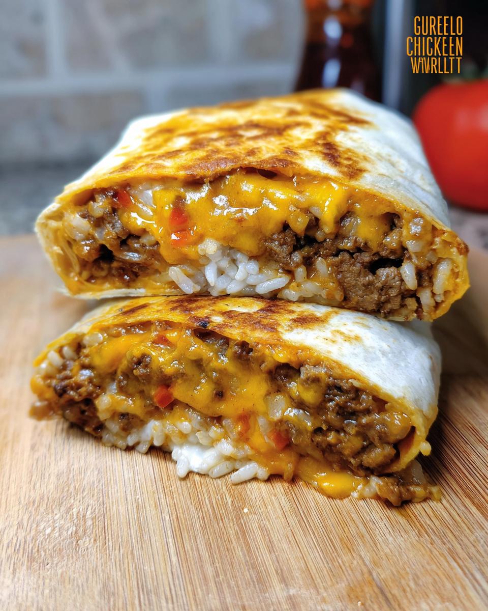 Close-up of a Chicken Crunch Wrap cut in half, revealing seasoned ground chicken, white rice, and melted cheese.