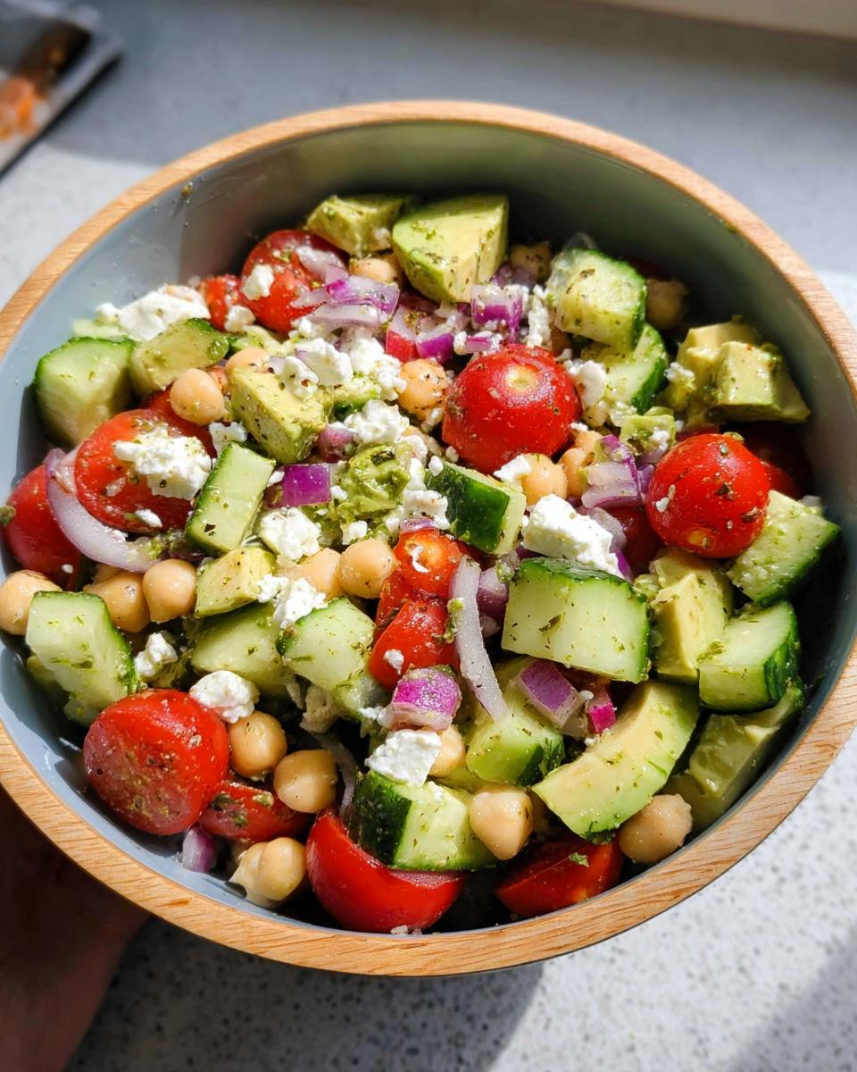 A vibrant bowl of Chickpea Feta Avocado Salad with cherry tomatoes, cucumber, red onion, and feta cheese.