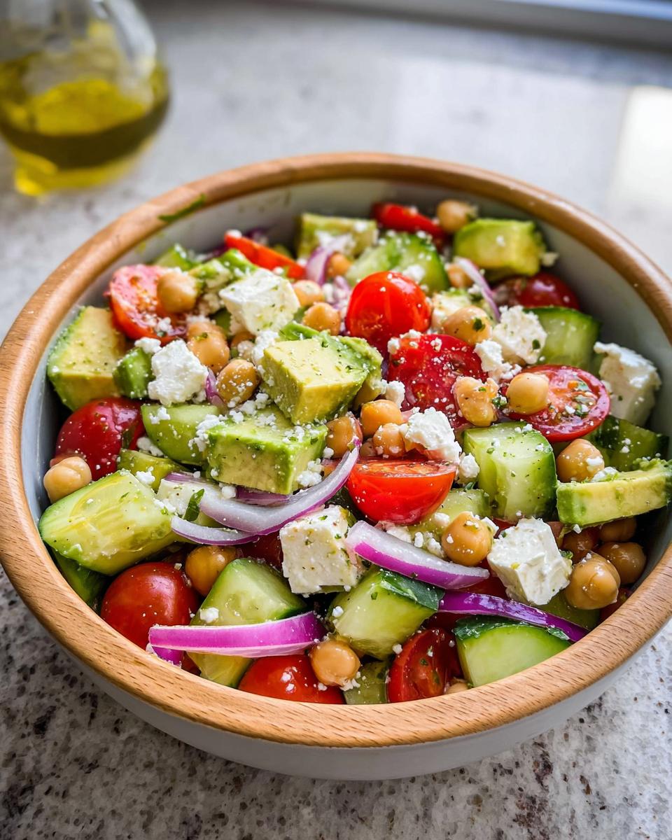 A vibrant Chickpea Feta Avocado Salad in a wooden bowl, featuring chopped avocado, tomatoes, cucumber, feta cheese, and red onion.