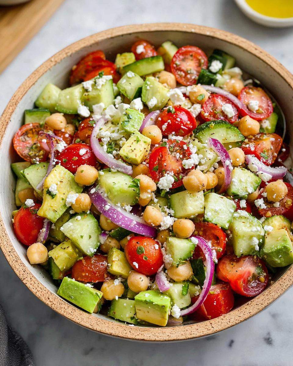 A vibrant bowl of Chickpea Feta Avocado Salad with chopped tomatoes, cucumber, red onion, and feta cheese.