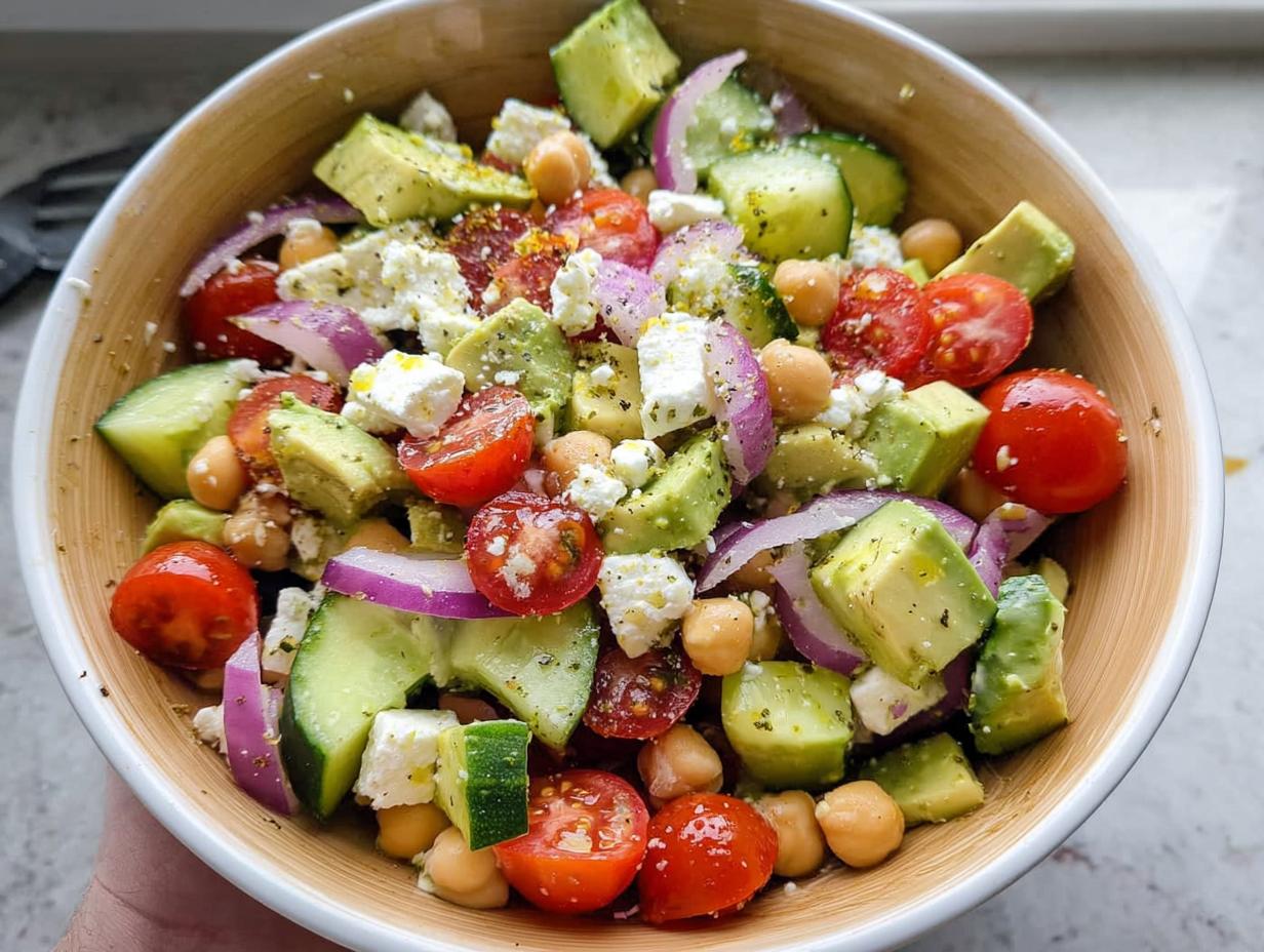 A vibrant bowl of Chickpea Feta Avocado Salad with cherry tomatoes, cucumber, red onion, and feta cheese.