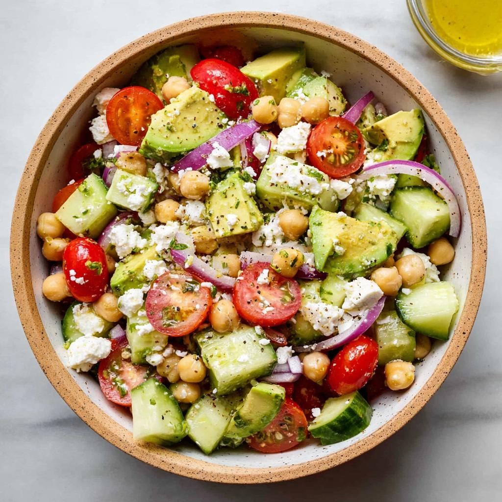 A vibrant bowl of Chickpea Feta Avocado Salad with cherry tomatoes, cucumber, red onion, and feta cheese.