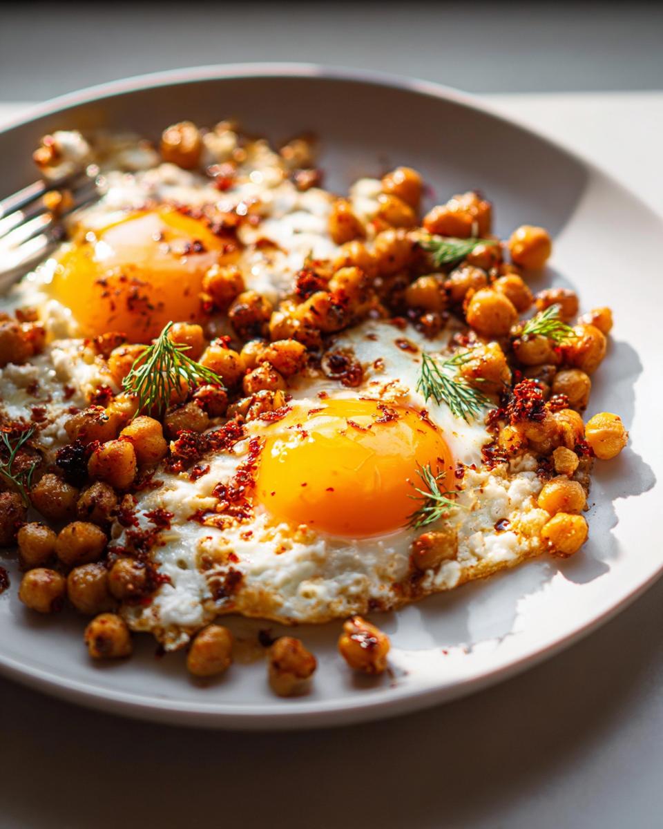 Two sunny-side-up eggs served with crispy chickpeas and herbs, a vibrant Chickpea Fried Eggs Recipe.
