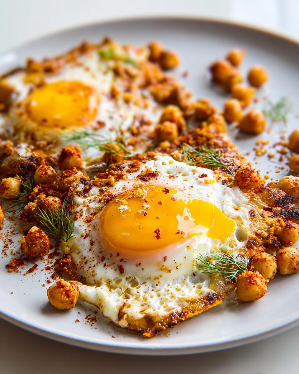 Close-up of two fried eggs with runny yolks, topped with seasoned chickpeas and fresh dill. A delicious Chickpea Fried Eggs Recipe.
