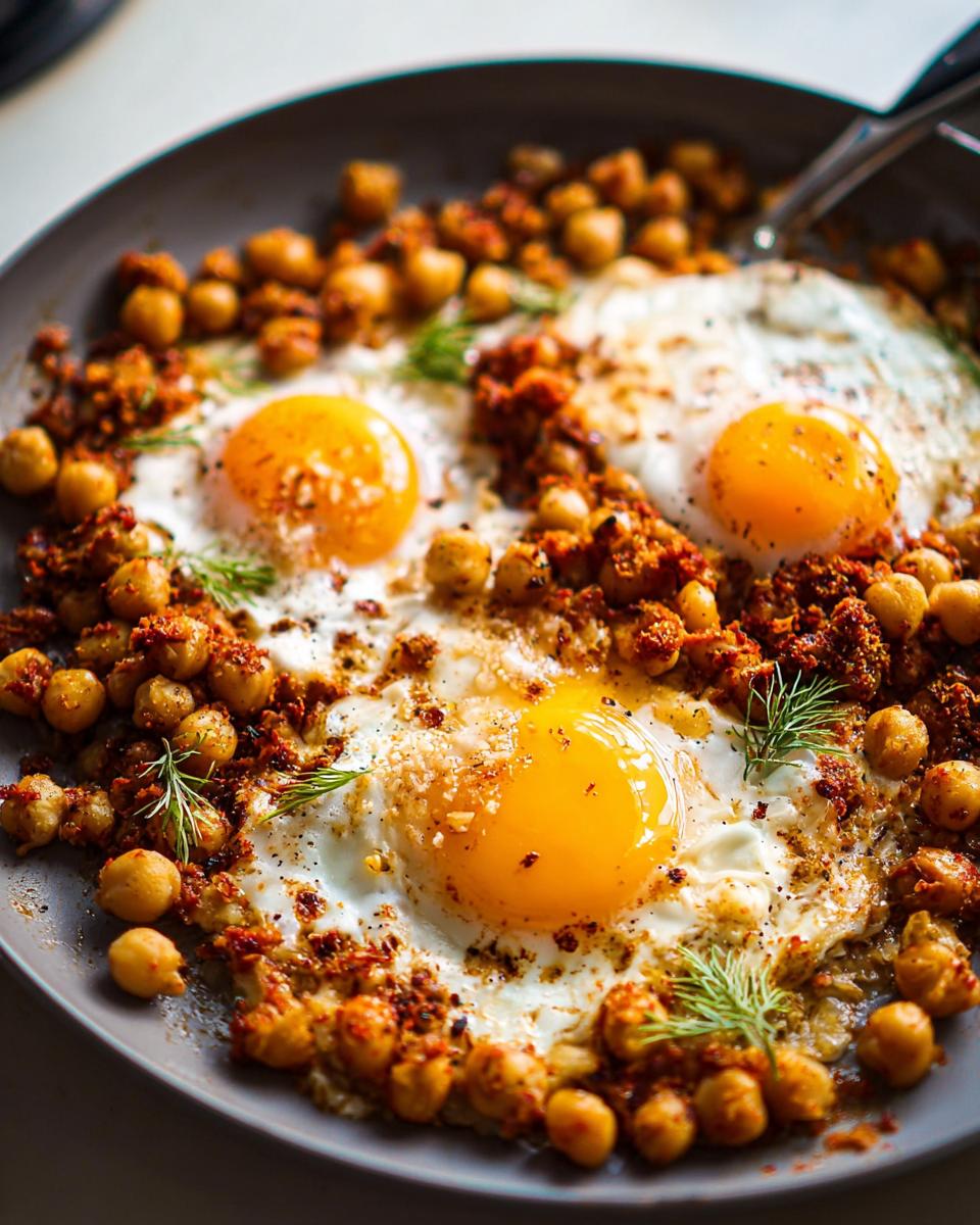 Close-up of a pan with chickpea fried eggs, featuring runny yolks and seasoned chickpeas.