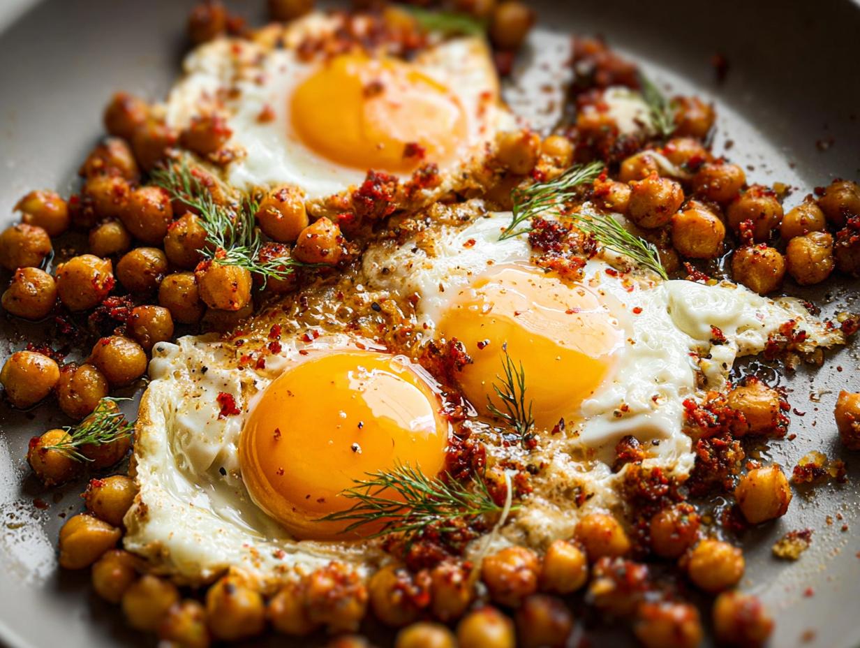Close-up of a pan with three fried eggs nestled amongst seasoned chickpeas for a chickpea fried eggs recipe.