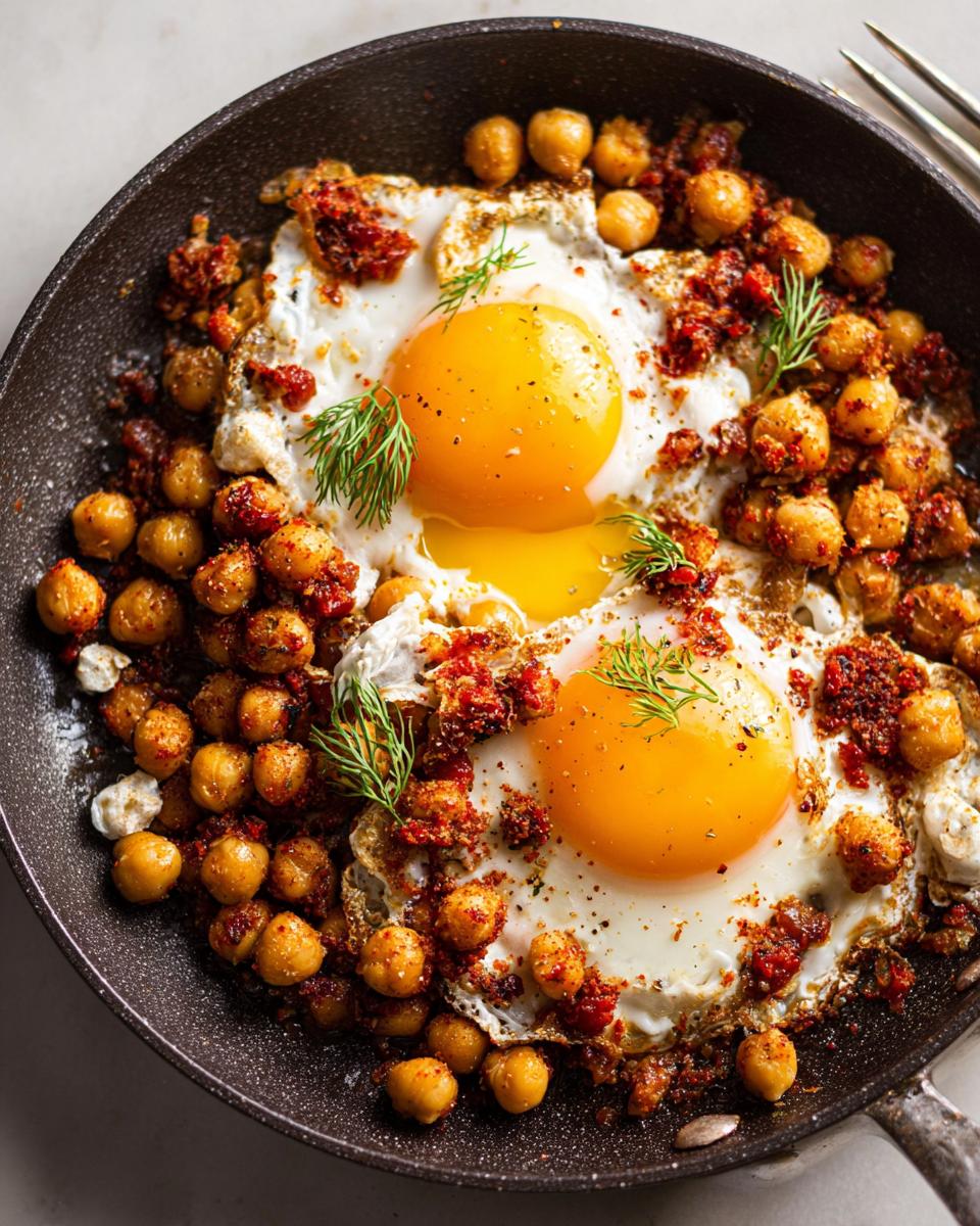 Two sunny-side-up eggs nestled in a skillet with seasoned chickpeas and herbs, part of a Chickpea Fried Eggs Recipe.