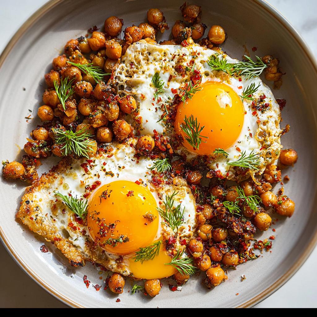 Close-up of a plate with two sunny-side-up eggs and crispy seasoned chickpeas, part of a Chickpea Fried Eggs Recipe.