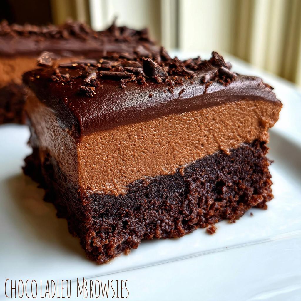 A close-up of a rich Chocolate Mousse Brownies slice, featuring a dense brownie base and creamy chocolate mousse topping.