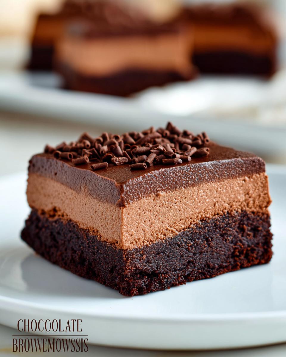 A rich slice of Chocolate Mousse Brownies with a dense brownie base and creamy chocolate mousse topping, sprinkled with chocolate shavings.