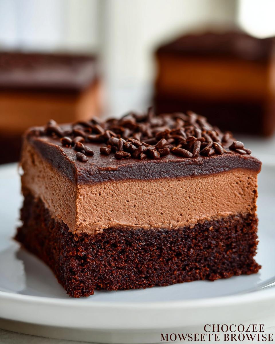 A rich slice of Chocolate Mousse Brownies with a dense brownie base and smooth chocolate mousse topping, sprinkled with chocolate shavings.