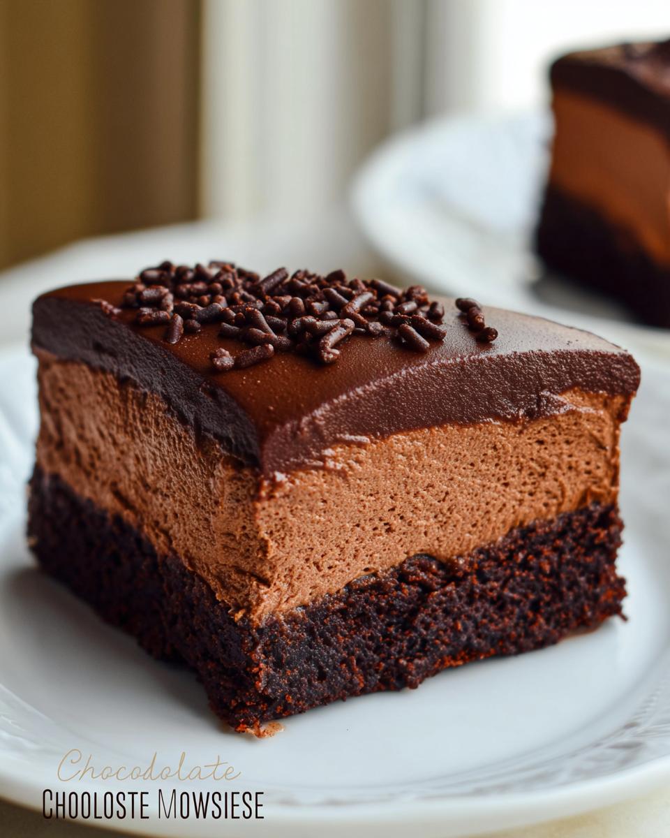 A rich slice of Chocolate Mousse Brownies with a brownie base, chocolate mousse layer, and chocolate ganache topping.