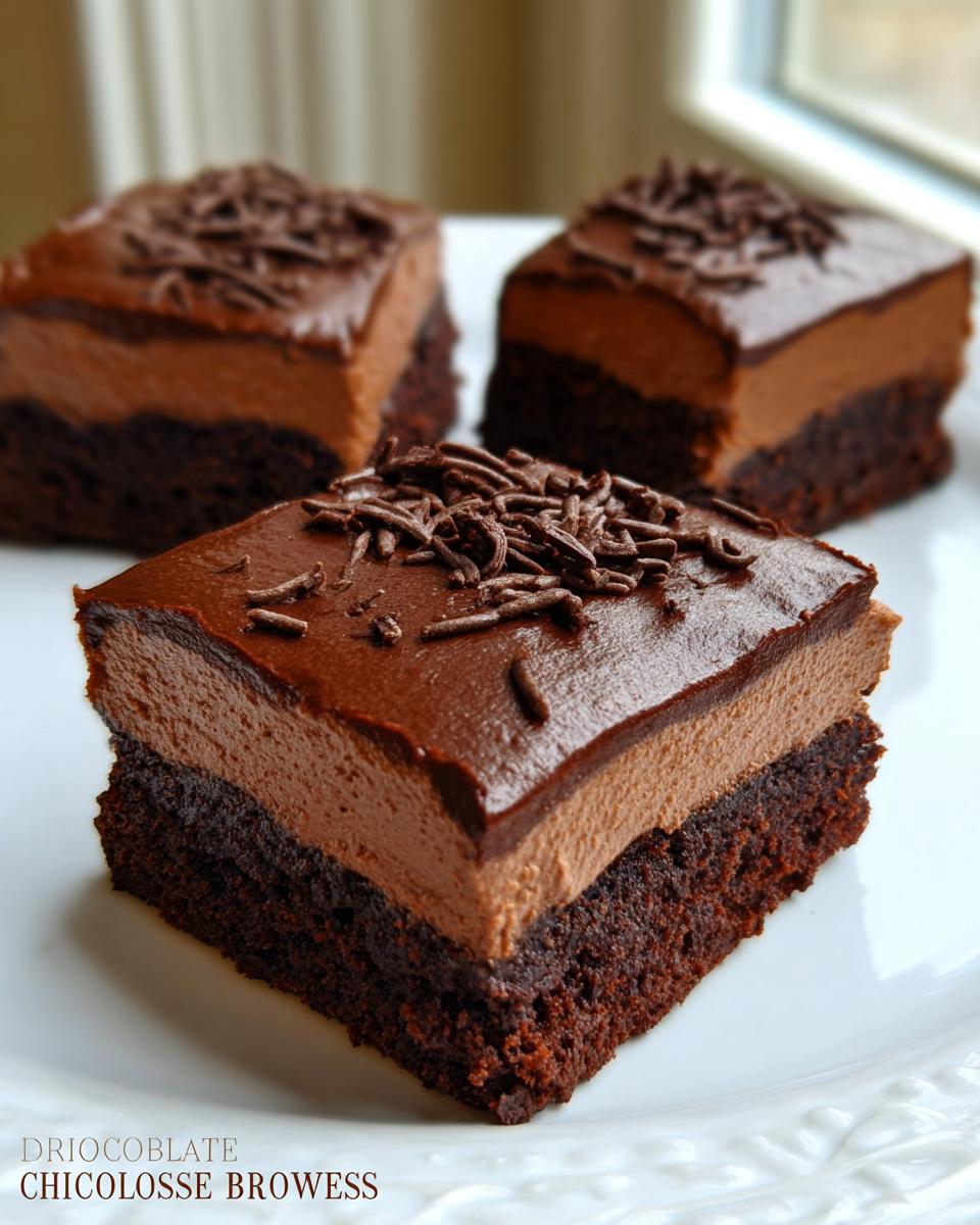 Three rich Chocolate Mousse Brownies slices stacked on a white plate, topped with chocolate sprinkles.