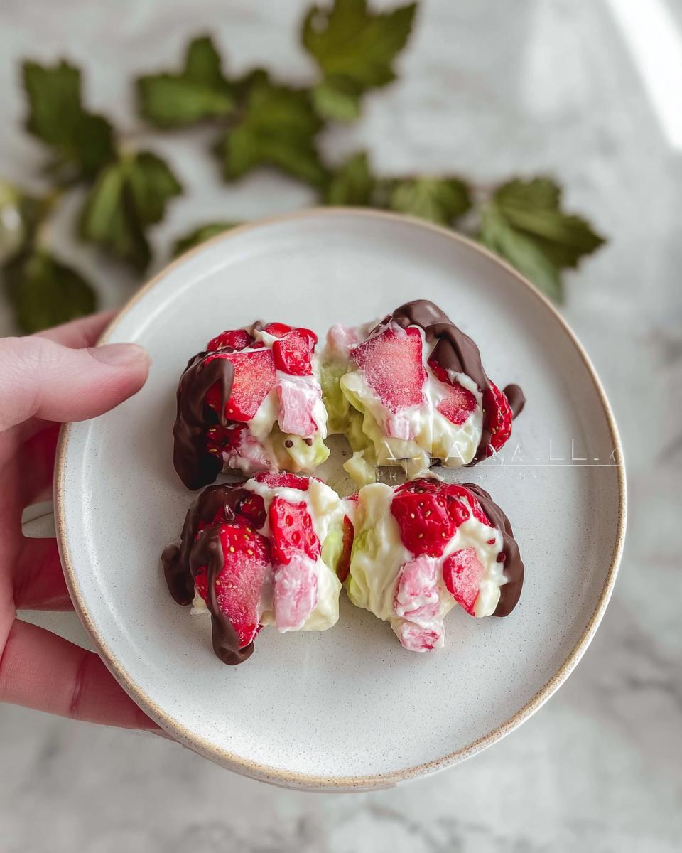 Four chocolate strawberry yogurt clusters on a plate, showing fresh strawberry pieces and creamy yogurt.