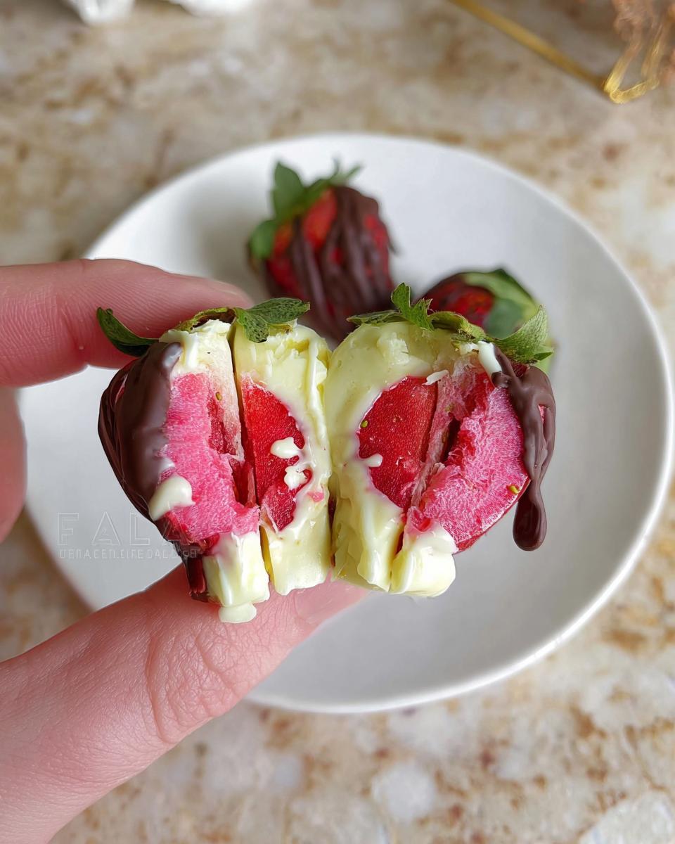 Close-up of a chocolate strawberry yogurt cluster cut in half, showing the strawberry and yogurt filling.