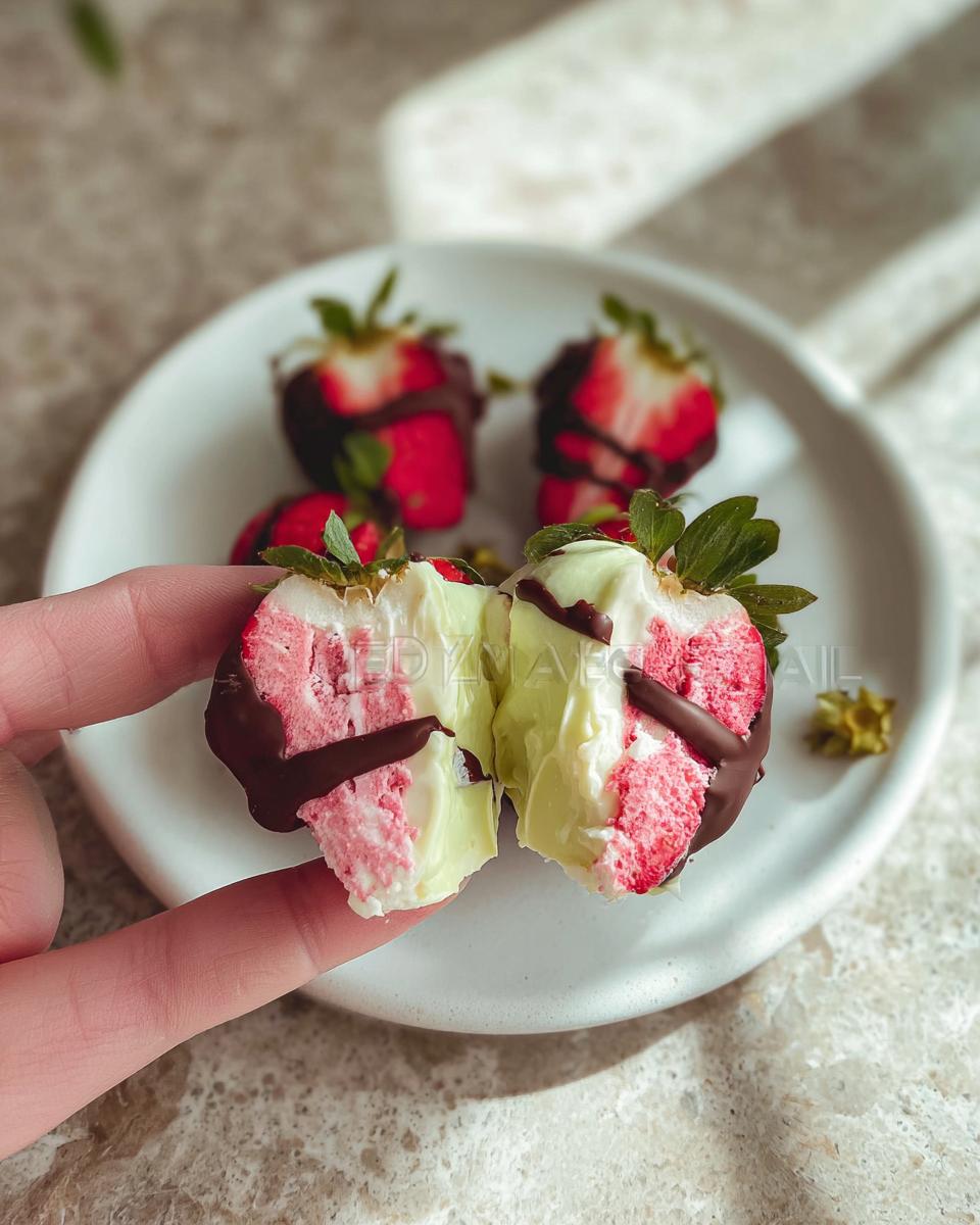 A hand holds a halved chocolate-covered strawberry yogurt cluster, revealing the pink strawberry interior and creamy yogurt filling.