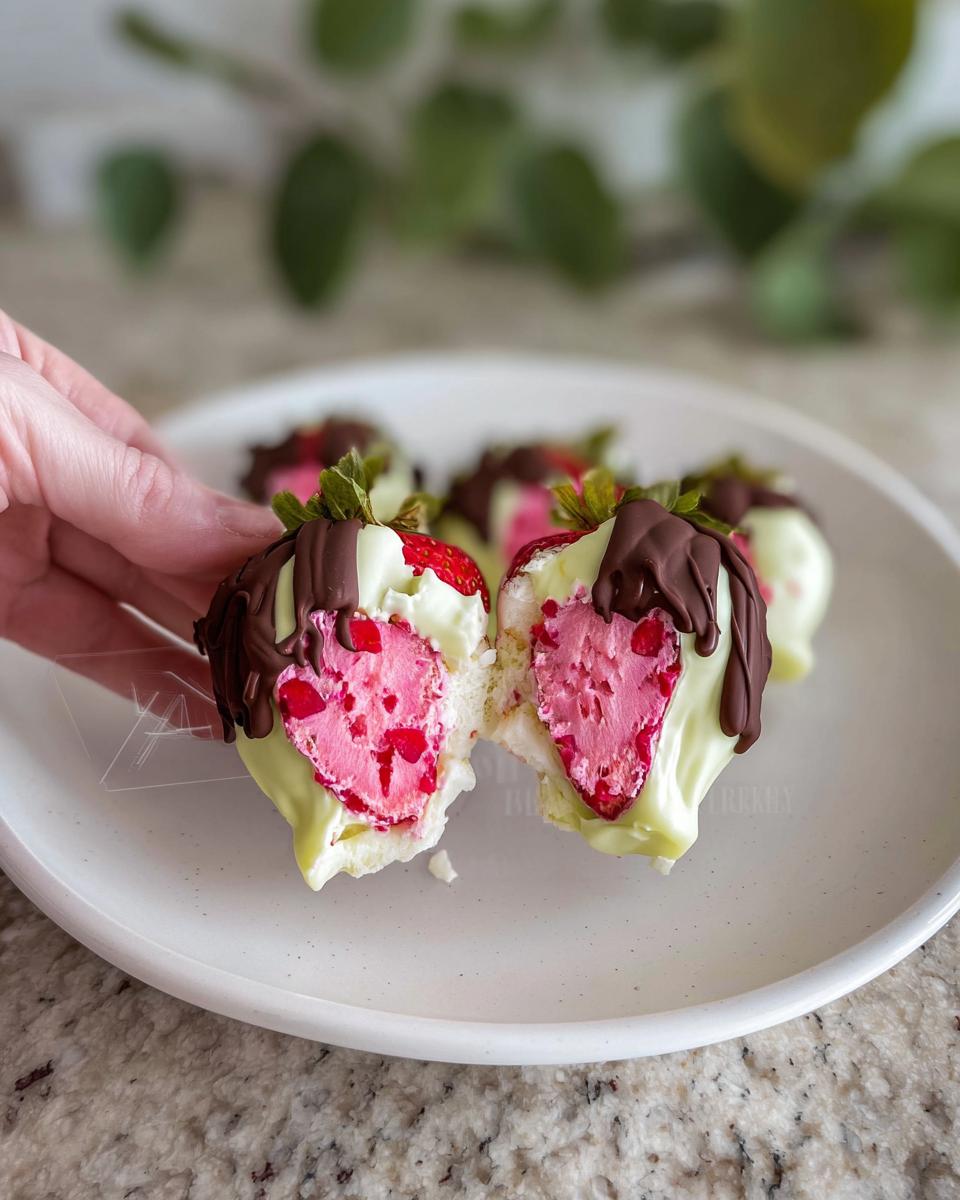 A hand holding a halved Chocolate Strawberry Yogurt Cluster, revealing the pink strawberry yogurt filling and white chocolate coating.