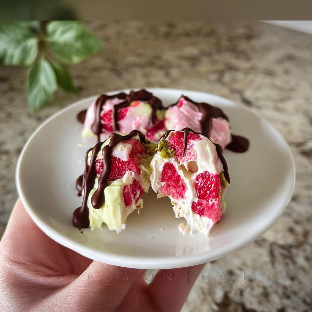 Close-up of chocolate strawberry yogurt clusters, one broken in half to show strawberries and yogurt filling, drizzled with chocolate.