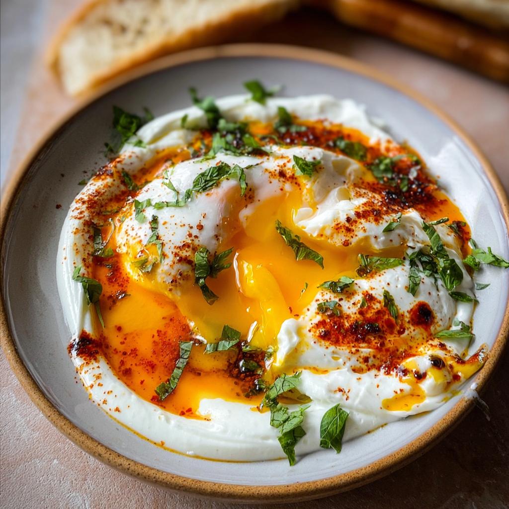 A close-up of Çılbır, featuring perfectly poached eggs nestled in creamy yogurt, drizzled with spiced butter sauce and fresh herbs.