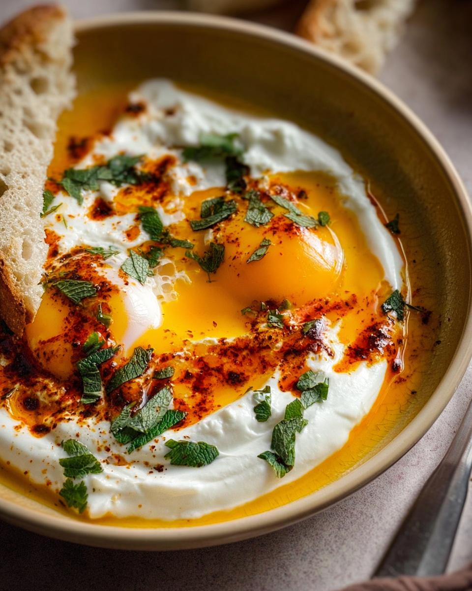 Close-up of Çılbır: Turkish eggs poached in creamy yogurt, drizzled with chili butter and fresh mint, served with bread.