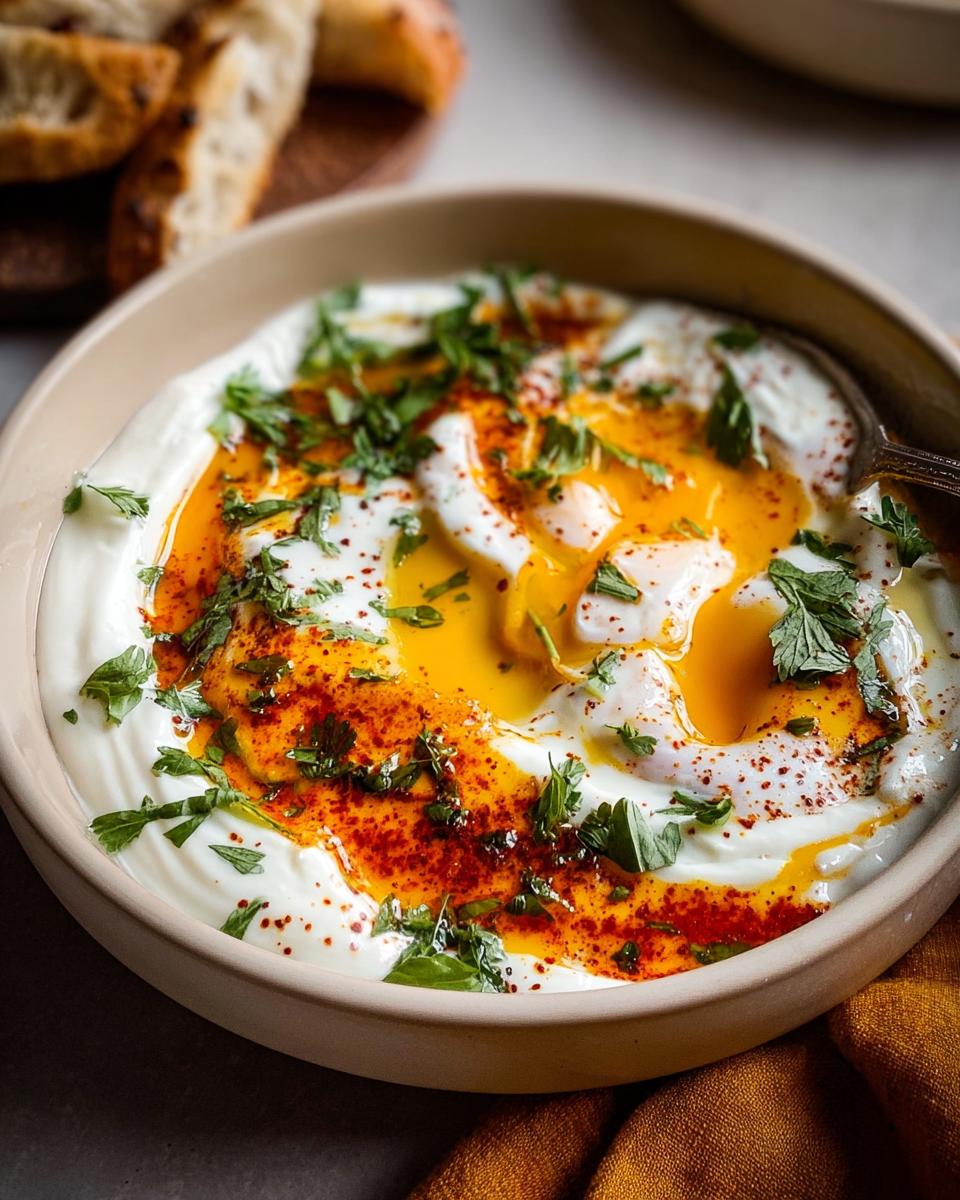A bowl of Çılbır, Turkish eggs poached in creamy yogurt, drizzled with chili butter and fresh parsley.