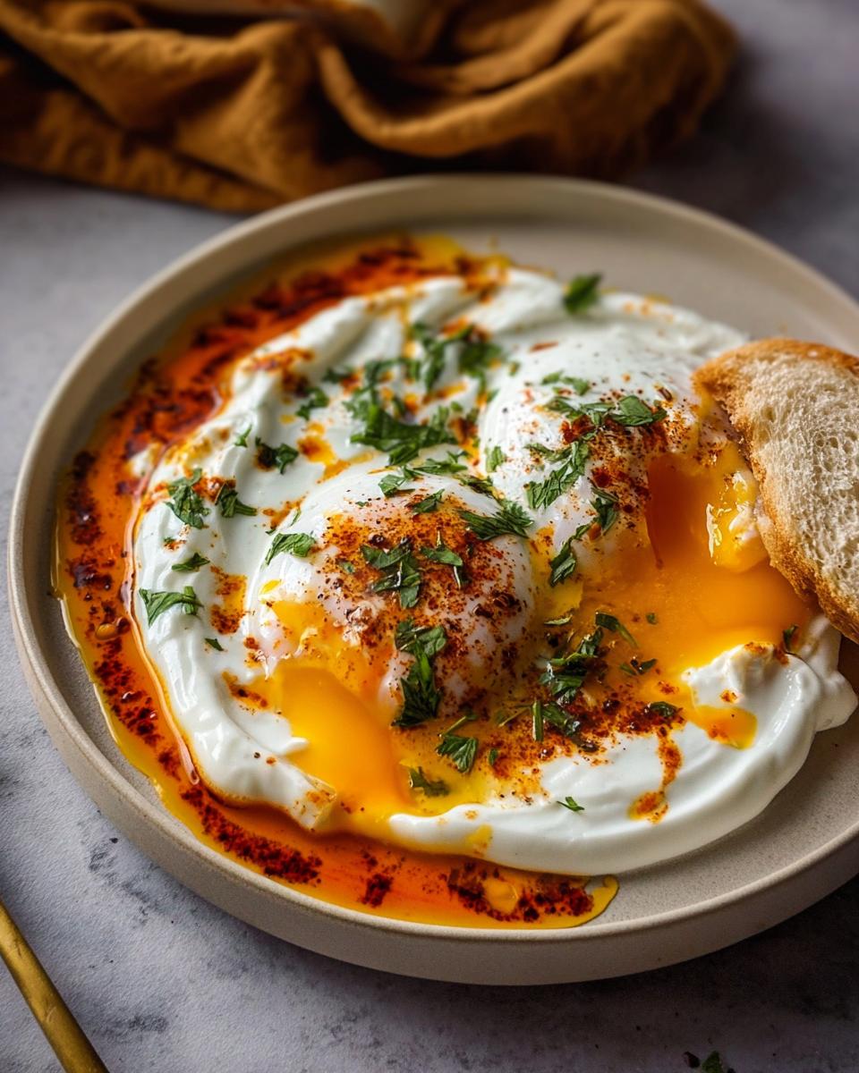 A plate of Çılbır, featuring poached eggs atop creamy yogurt, drizzled with chili butter sauce and garnished with parsley, served with toast.