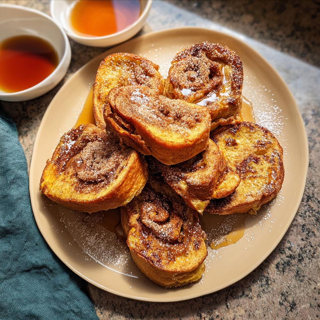 A plate piled high with golden brown Cinnamon Roll French Toast Bites, dusted with powdered sugar and drizzled with syrup.