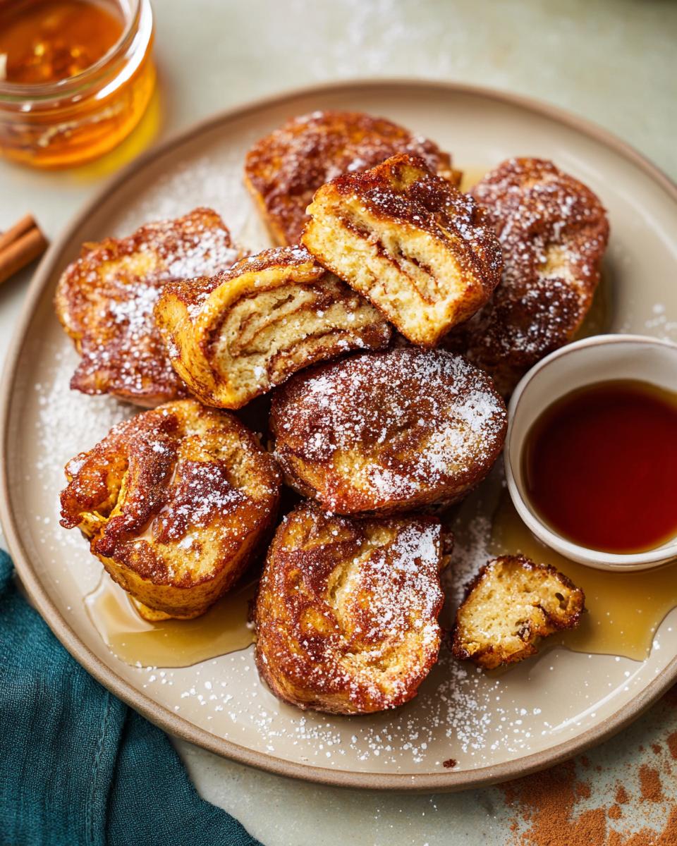 A plate of golden-brown Cinnamon Roll French Toast Bites dusted with powdered sugar, served with syrup.
