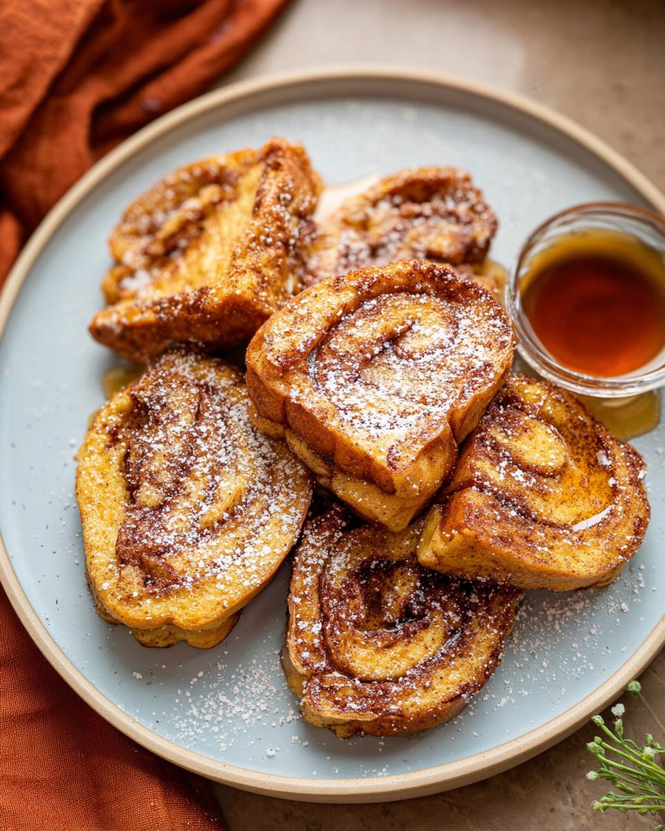 A plate of golden brown Cinnamon Roll French Toast Bites dusted with powdered sugar and served with syrup.