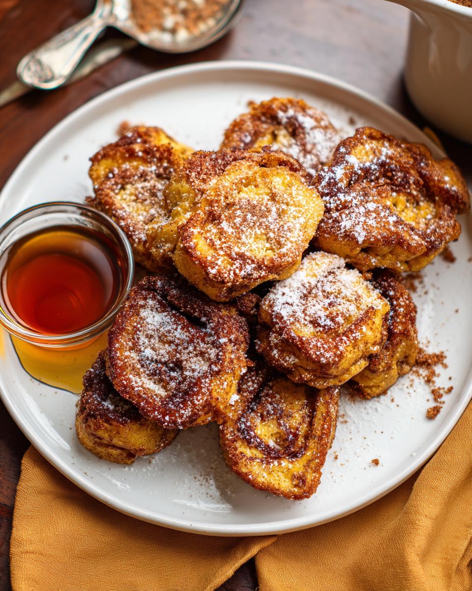 A pile of golden-brown Cinnamon Roll French Toast Bites dusted with powdered sugar and cinnamon.