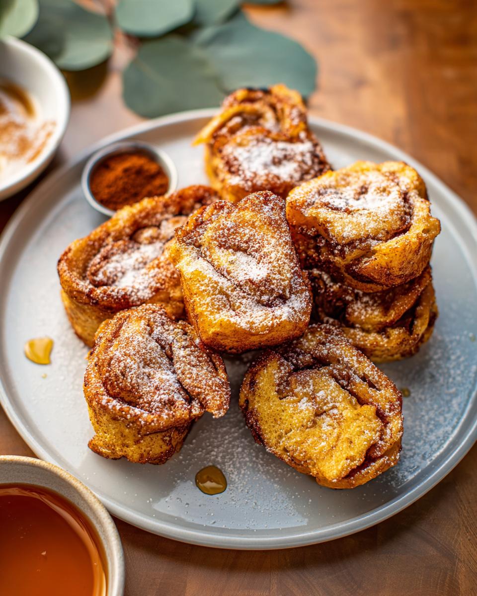 A stack of golden-brown Cinnamon Roll French Toast Bites, dusted with powdered sugar and drizzled with syrup.
