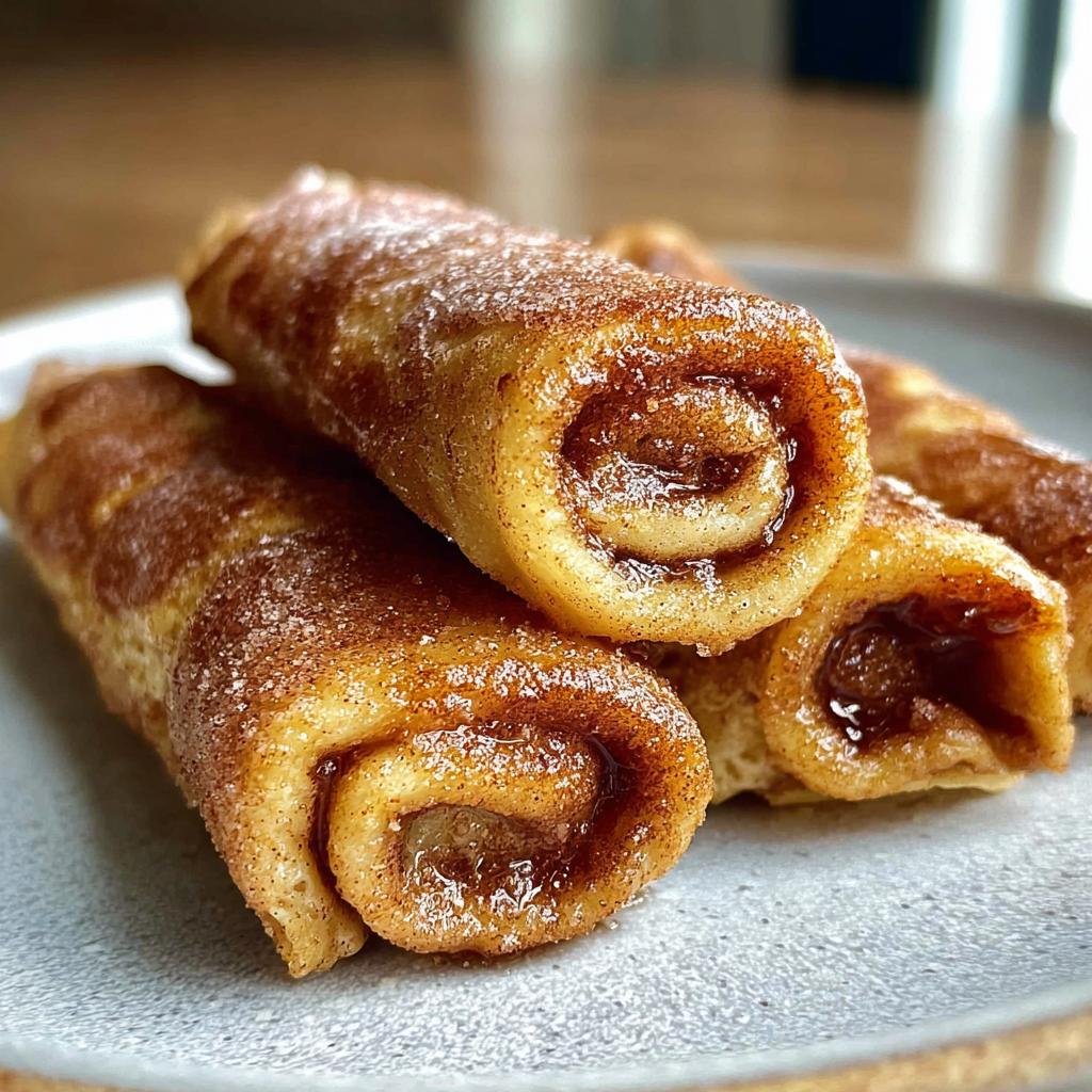 Close-up of delicious Cinnamon Roll French Toast Roll-Ups dusted with cinnamon sugar.