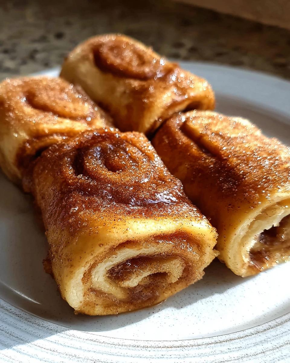 Close-up of four Cinnamon Roll French Toast Roll-Ups coated in cinnamon sugar on a white plate.