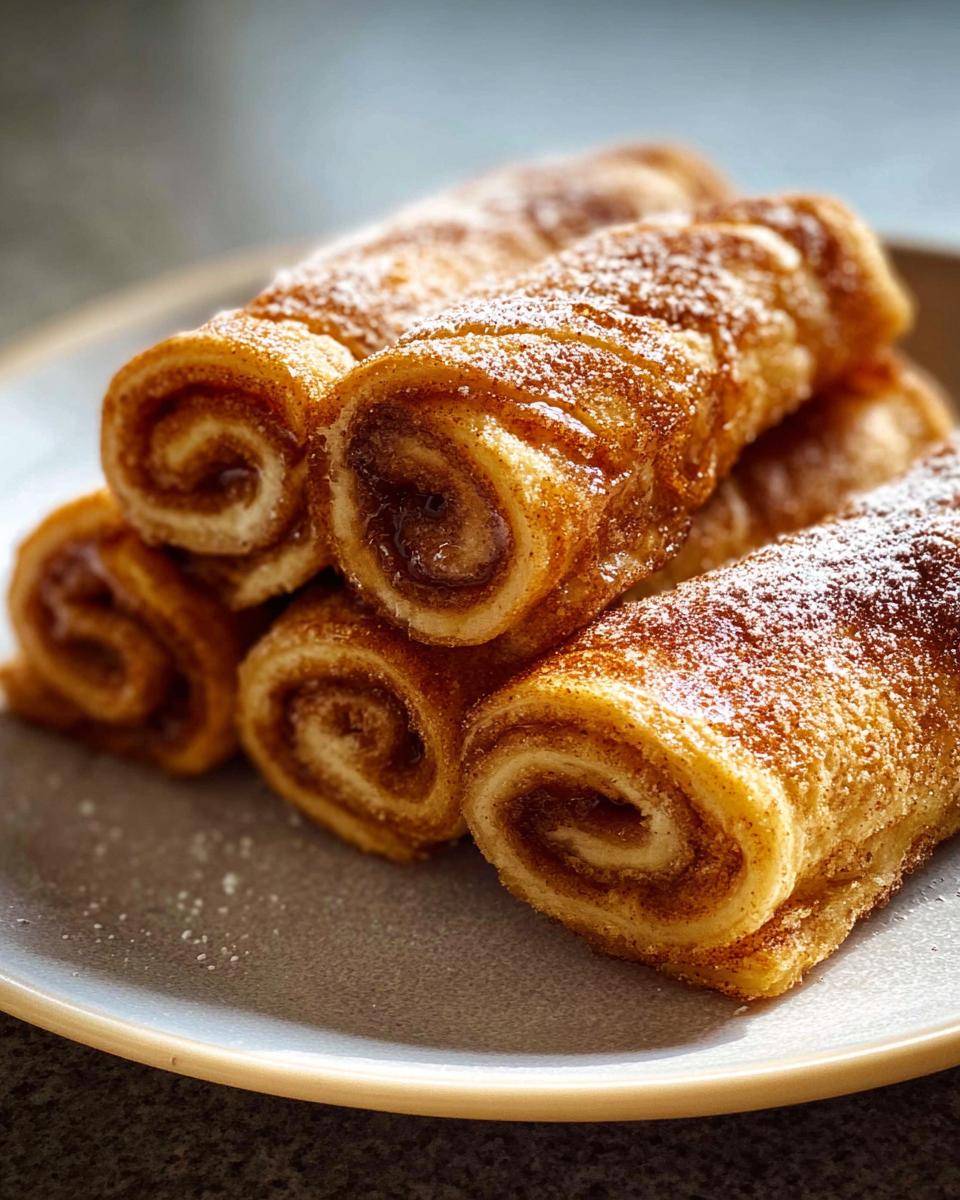 Close-up of a stack of golden brown Cinnamon Roll French Toast Roll-Ups, dusted with powdered sugar.