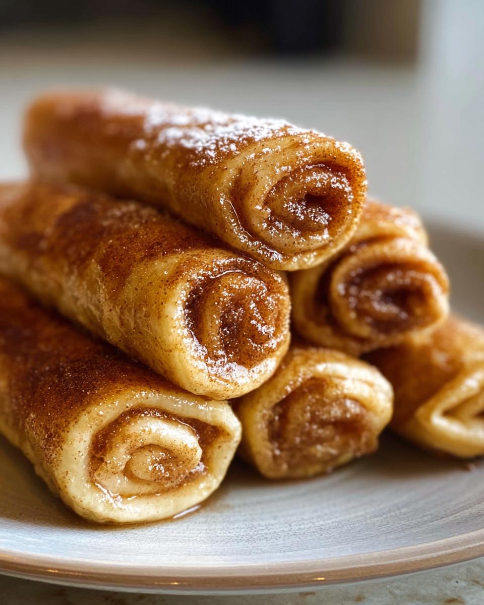 A stack of golden brown Cinnamon Roll French Toast Roll-Ups dusted with powdered sugar.