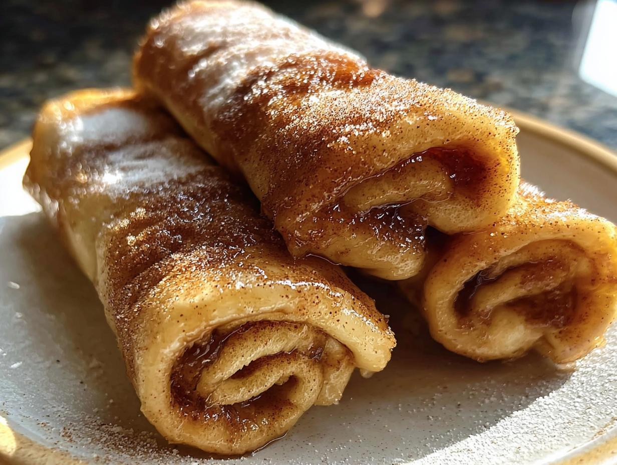 A close-up of three Cinnamon Roll French Toast Roll-Ups dusted with powdered sugar and cinnamon.
