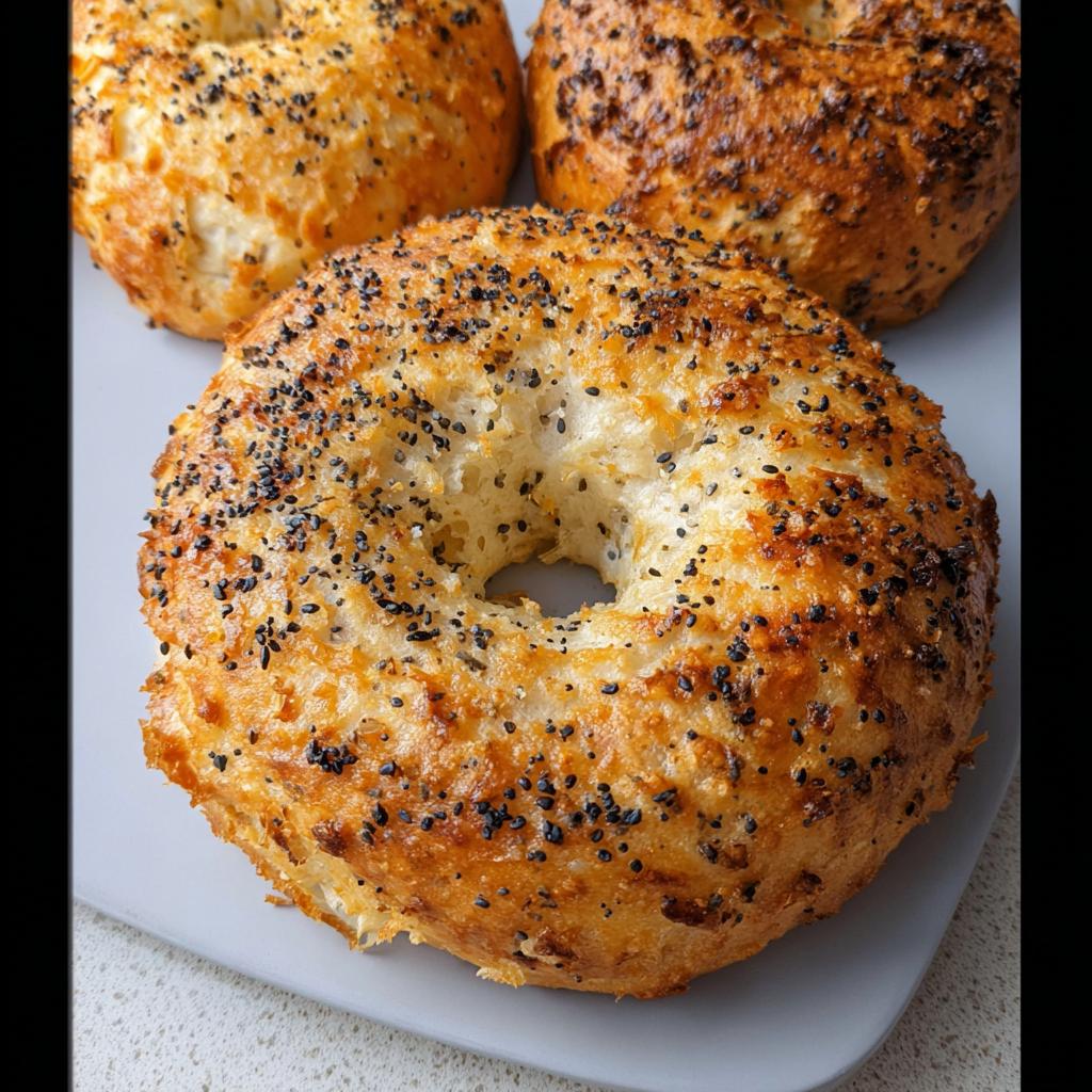 Close-up of three golden-brown cottage cheese flagels topped with everything bagel seasoning.