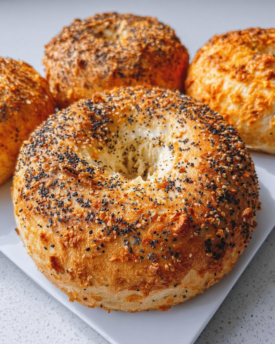 Close-up of a freshly baked cottage cheese flagel topped with everything bagel seasoning.