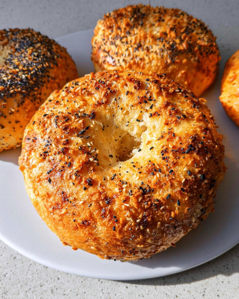 Close-up of freshly baked cottage cheese flagels topped with everything seasoning, including sesame seeds and poppy seeds.