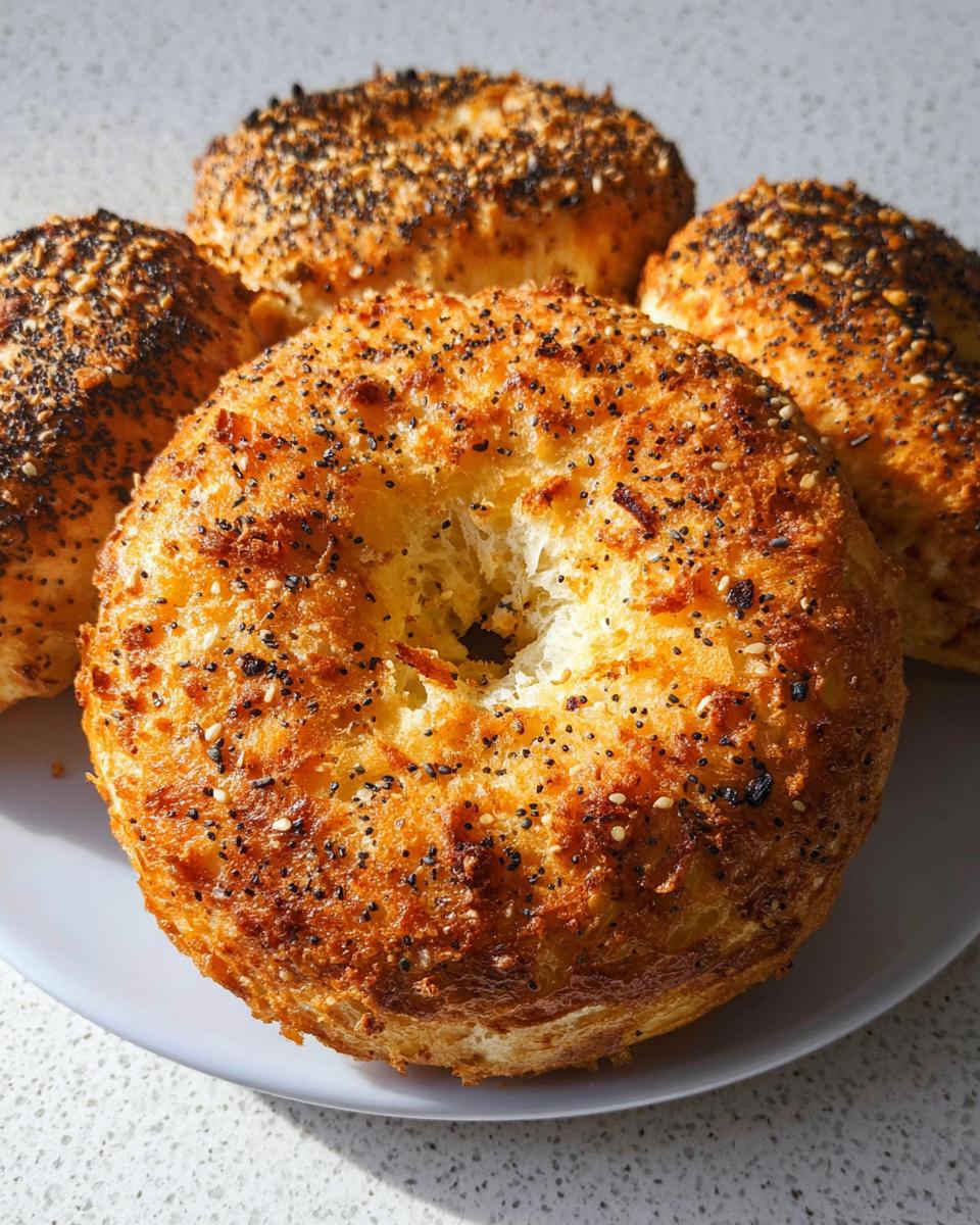 A close-up of delicious cottage cheese flagels, topped with poppy seeds and sesame seeds.