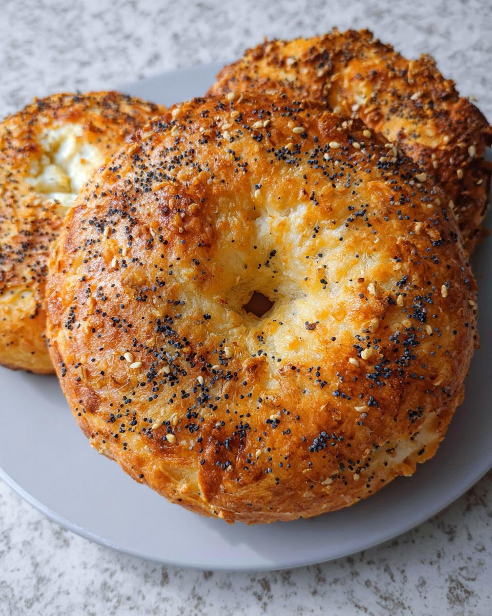 Close-up of freshly baked cottage cheese flagels topped with poppy seeds and sesame seeds.