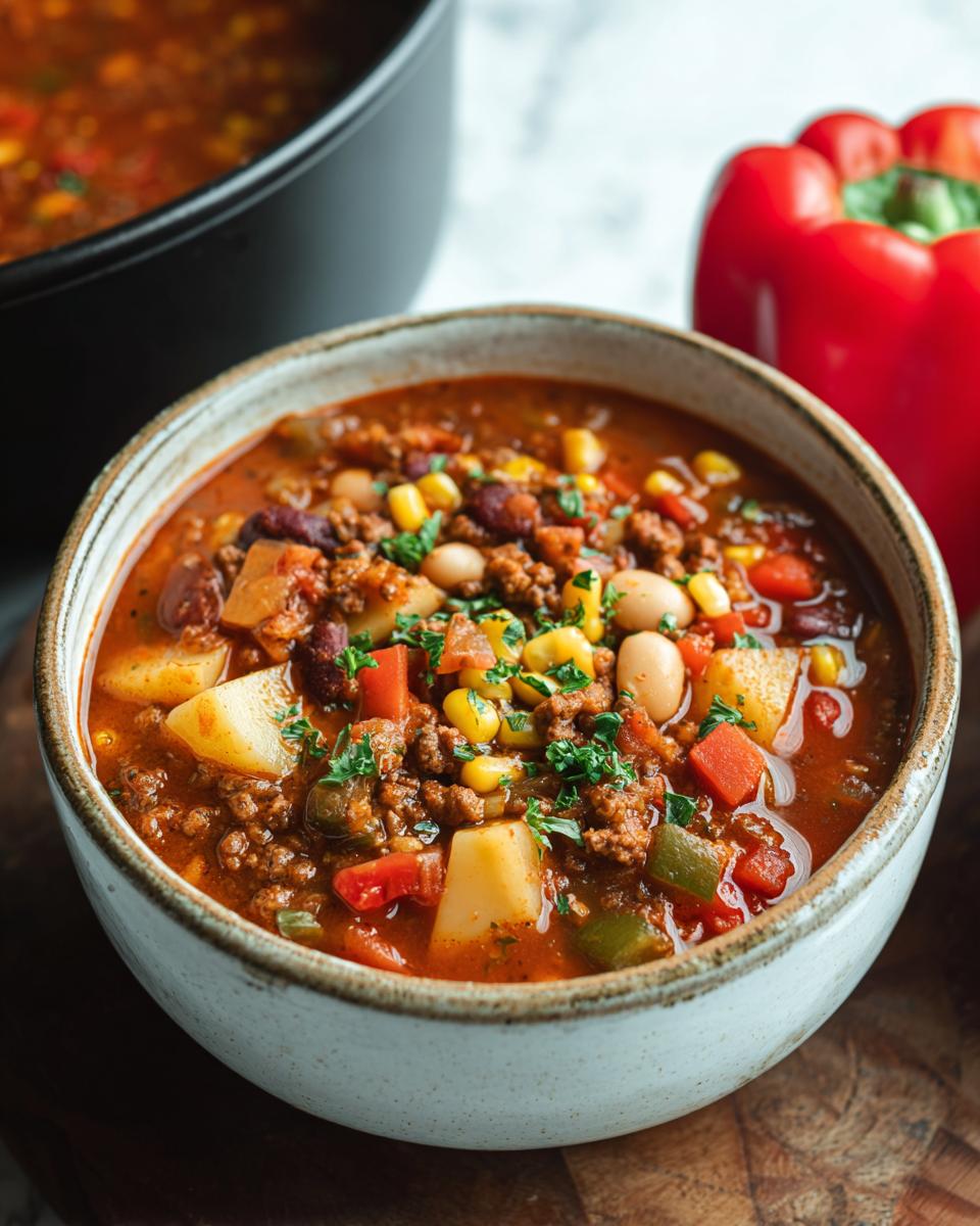A close-up of a bowl filled with hearty Cowboy Soup, featuring ground beef, beans, corn, potatoes, and peppers.