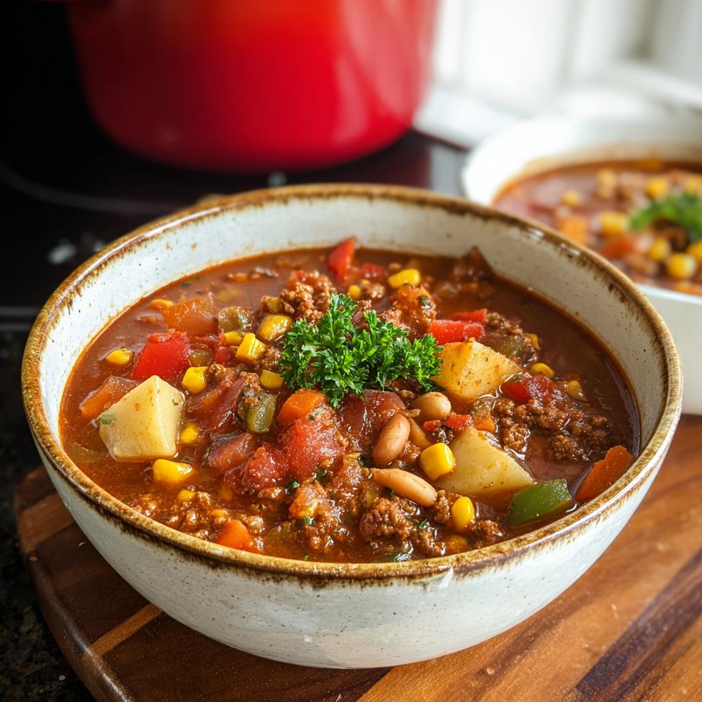 A close-up of a bowl of hearty Cowboy Soup, filled with ground beef, potatoes, corn, beans, and tomatoes, garnished with parsley.