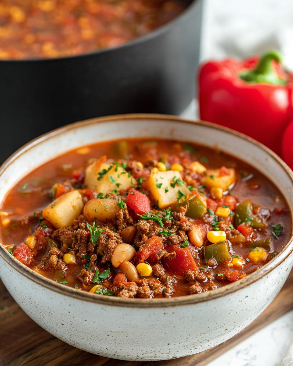 A close-up view of a bowl of hearty Cowboy Soup, filled with ground beef, potatoes, beans, corn, and tomatoes, garnished with parsley.