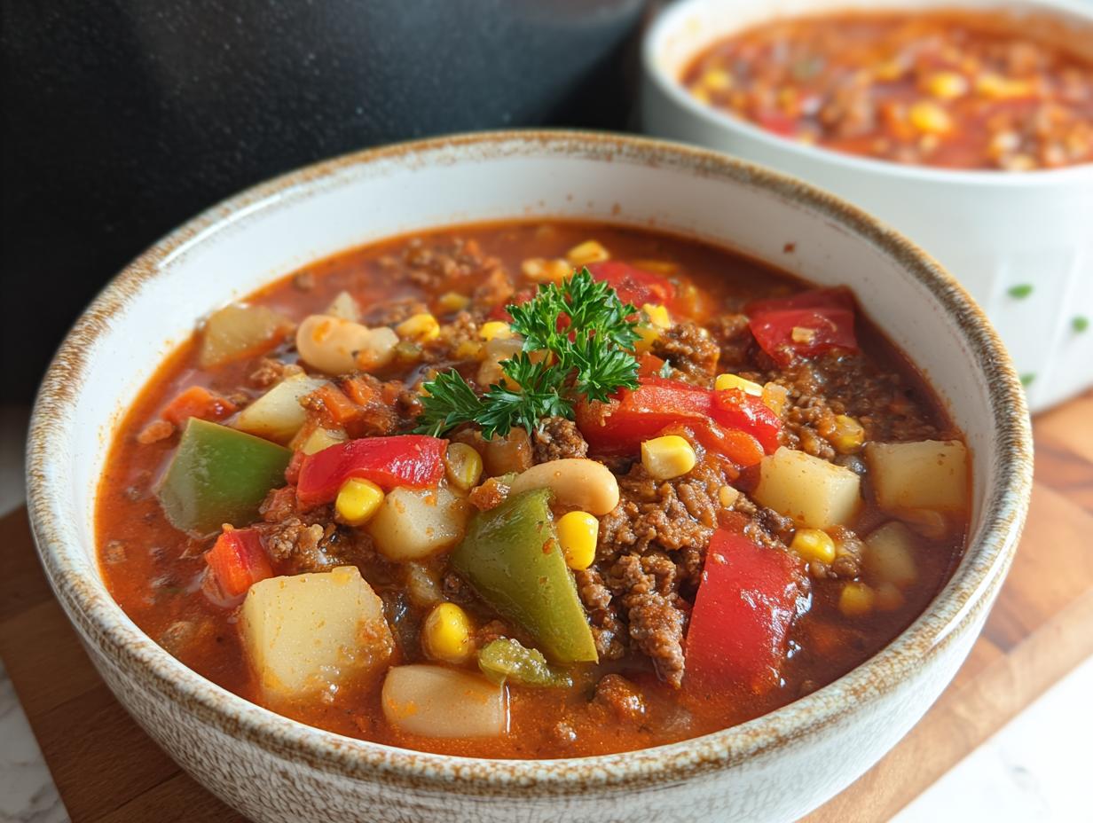 A close-up of a bowl of hearty Cowboy Soup, filled with ground beef, potatoes, corn, beans, and peppers, garnished with parsley.